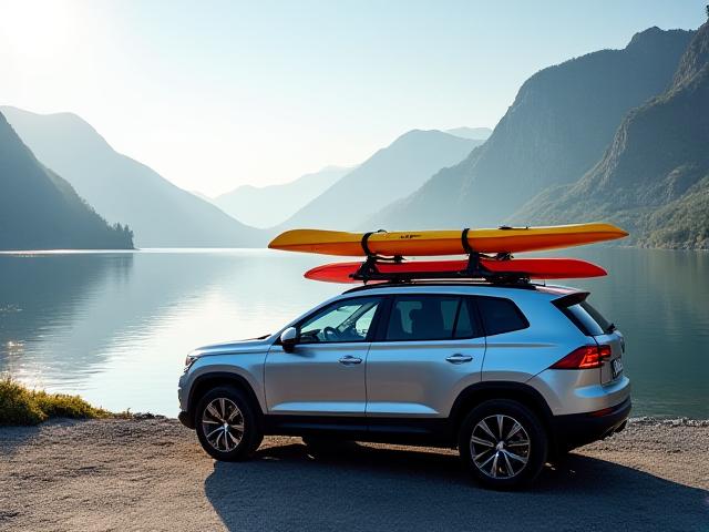 Bil med kajakk på takstativ ved vannkanten
